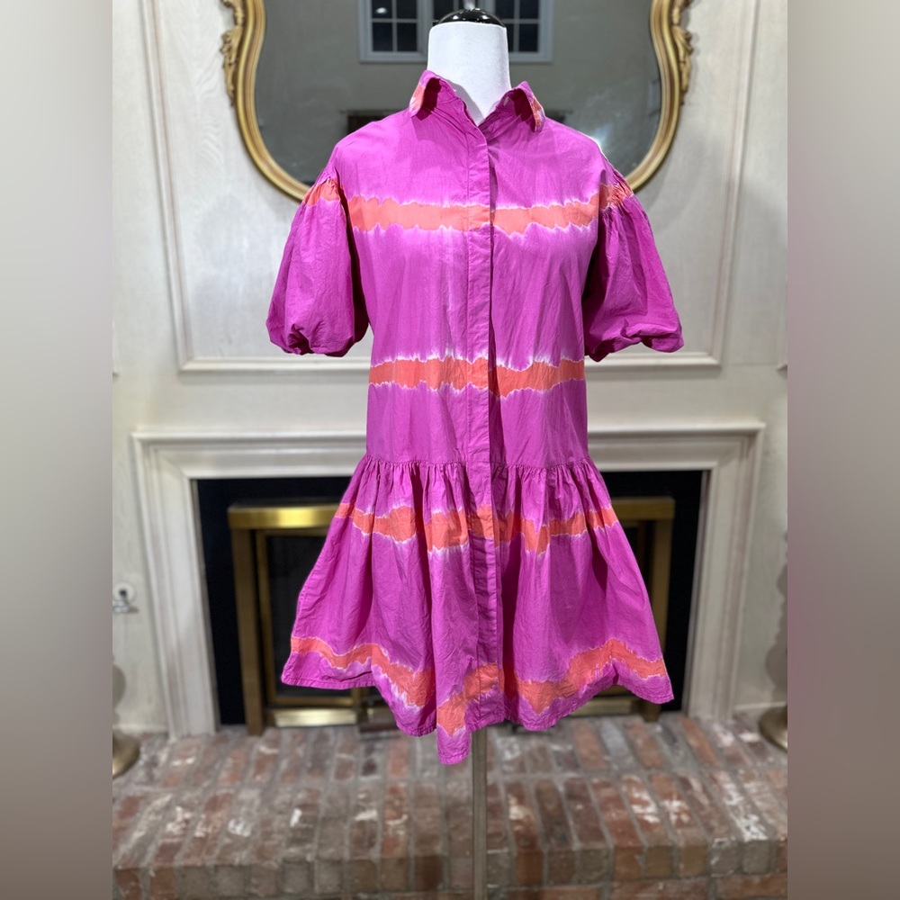 WKND Frock It Balloon Sleeve Shirt Dress Pink Orange Tie‎ Dye